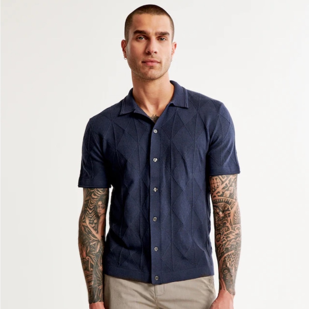 Abercrombie & Fitch: Men’s Stitch Button-Through Sweater Polo - Navy Blue - M